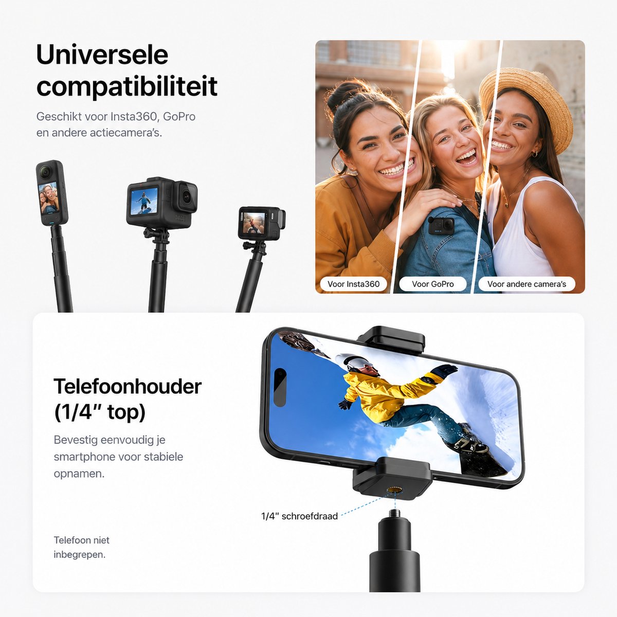 Sounix Telefoon Statief - Tripod Statief - SelfieStick voor actioncamera en smartphone - 114cm - met 1/4 Schroef voor GoPro, Action Cameras, DJI OSMO, Insta360 - Zwart thumbnail 6