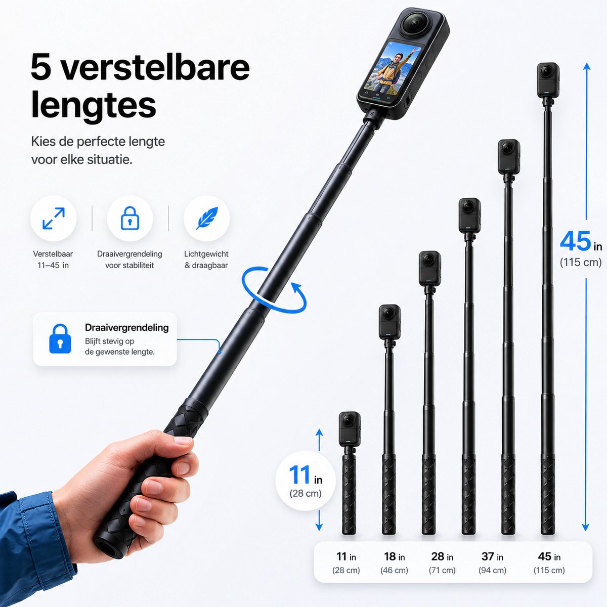Sounix Telefoon Statief - Tripod Statief - SelfieStick voor actioncamera en smartphone - 114cm - met 1/4 Schroef voor GoPro, Action Cameras, DJI OSMO, Insta360 - Zwart thumbnail 3