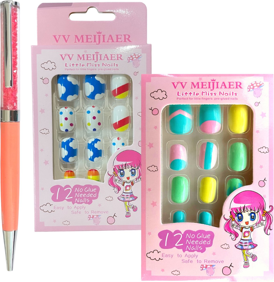 Plaknagels Duoset | 2 x 12 Valse Nagels | Met Diamant Pen | Geen Lijm Nodig | Regenboog
