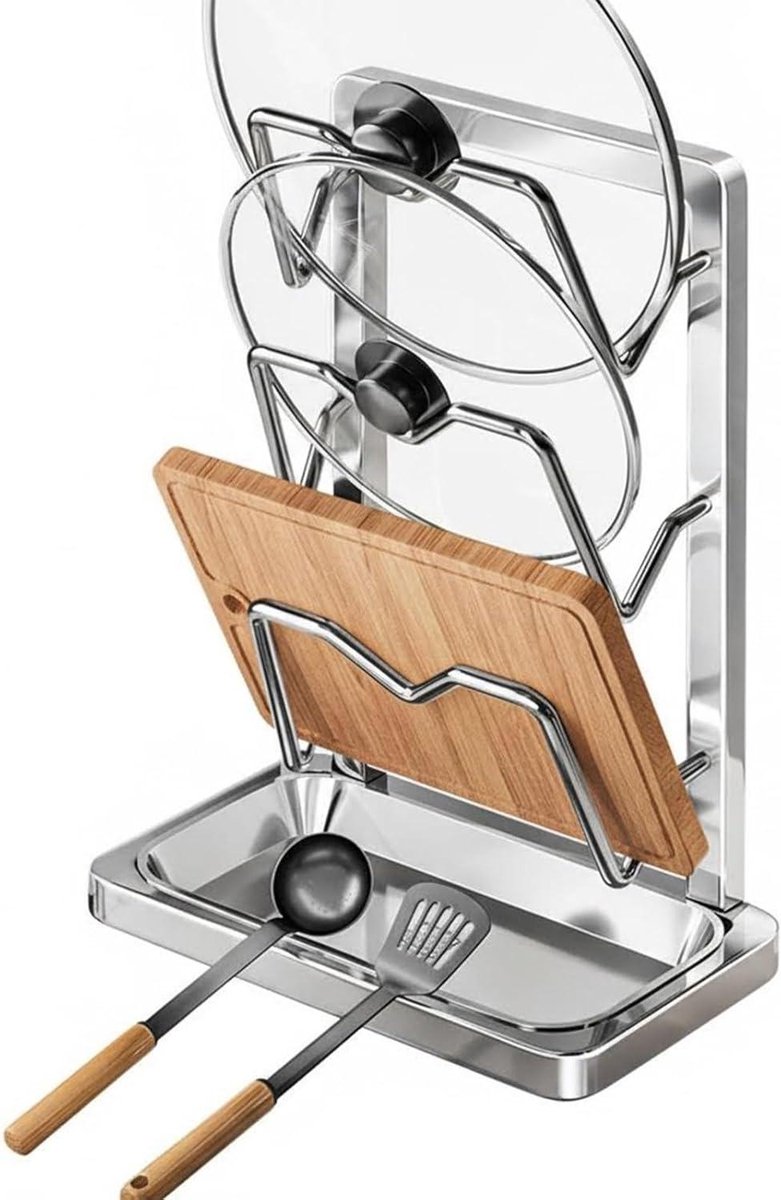 Potdeksel Organizer - Dekselhouder Keuken - Keuken Organiseren - Met Lekbak - 18 x 15.5 x 18 cm - Zilver