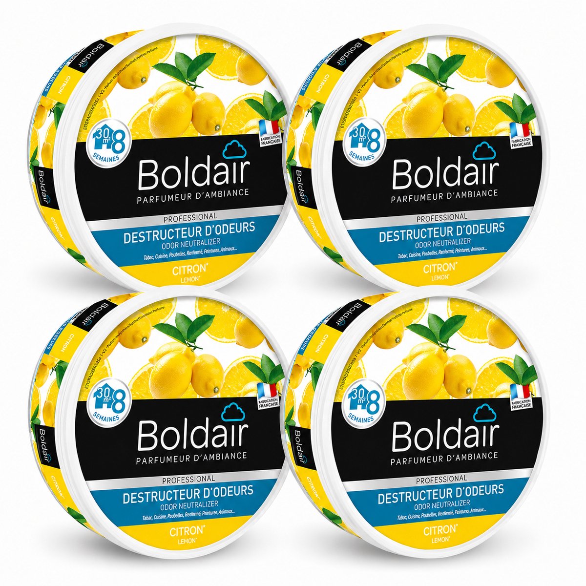 Boldair Geurverdrijver Gel Citron 300 g - Set van 4 Stuks - Professionele Luchtverfrisser Geurneutralisator - 8 Weken Werking tot 30 m² - Made in France Grasse
