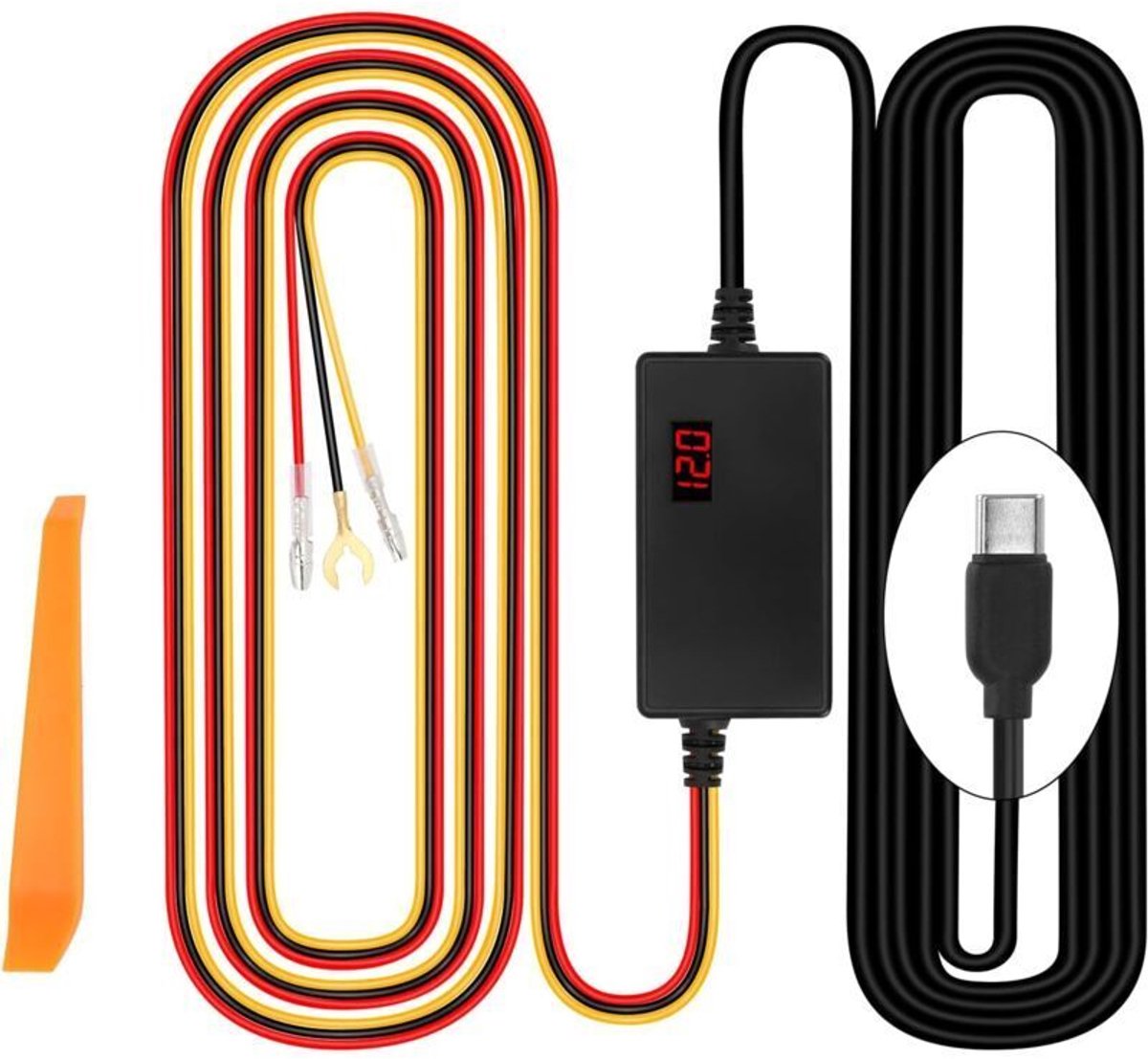 Dashcam aansluitset geschikt voor vaste bedrading, 12V-24V naar 5V 3A, geschikt voor spanningsindicator, instelbare spanning, 24-uurs parkeerbewakingsmodus, bescherming tegen overontlading van de batterij, Type-C interface en opstartfunctie.