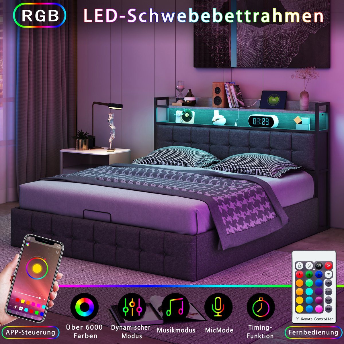 Boxspringbed Gestoffeerd bed 160x200 cm met LED & Opbergruimte – Tweepersoonsbed met USB-Stopcontacten en Gasveer – Linnen Grijs – Zonder Matras