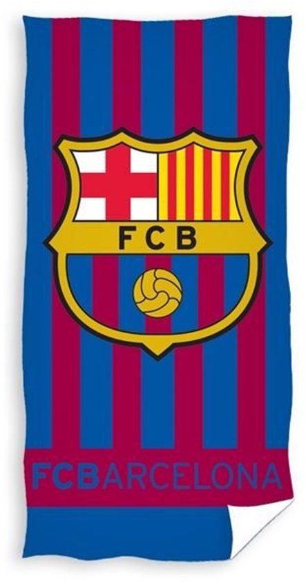 FC Barcelona strandlaken met blauwe en rode strepen en het FC Barcelona logo met de tekst FC BARCELONA.