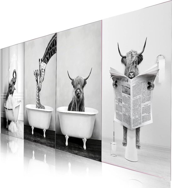 Canvas Schilderijen Set - Dieren Posters - Muur Decoratie - Frameloos Design - 4 Delig 20x30cm - Zwart Wit