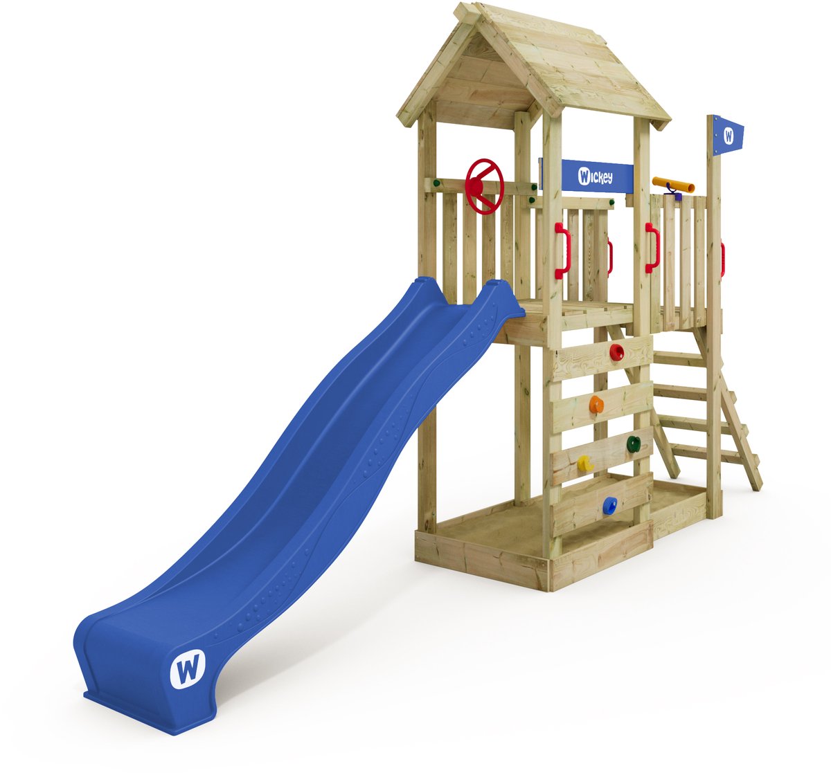 Wickey JoyFlyer Speeltoestel - Glijbaan met Houten Dak en Klimwand - Zandbak & Stuur - 429x84x263 cm - Blauw