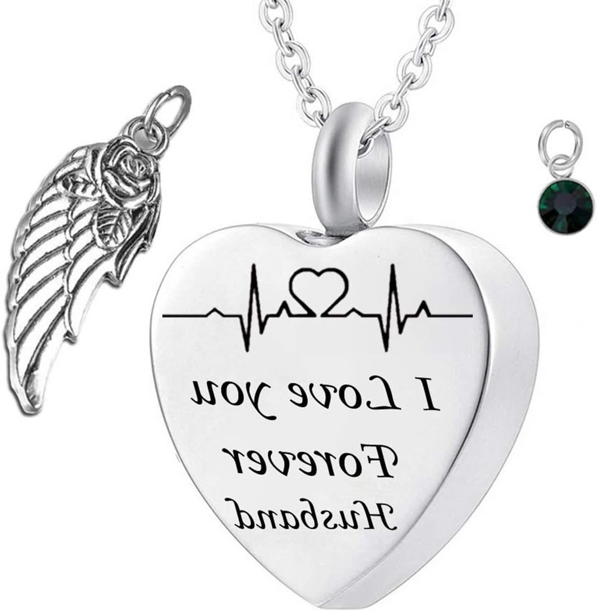 Urn Locket Necklace, Metal Stainless Steel Necklace and Custom Name Necklace with Heart Electrocardiogram Birthstone Wing Memory Pendant Necklace, Cubic Zirconia, Cubic Zirconia