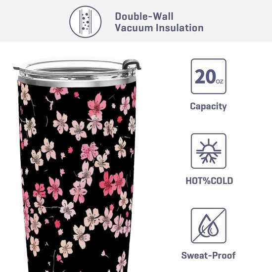 Geïsoleerde Mok - Thermosbeker - Dranken Warm Houden - Dubbelwandig Vacuüm - 600ml - Kleine Rode Bloemen — afbeelding 2