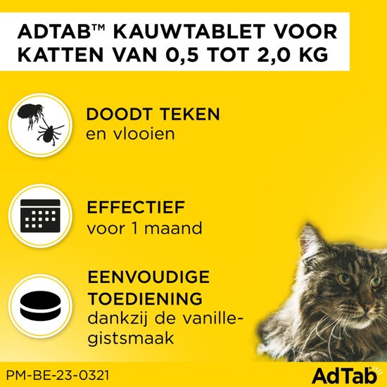 Gevlekt kattengezicht, afbeeldingen van teek en vlo, kalender en tablet. AdTab kauwtablet voor katten van 0,5 tot 2,0 kg. Doodt teken en vlooien. Effectief voor 1 maand. Eenvoudige toediening.