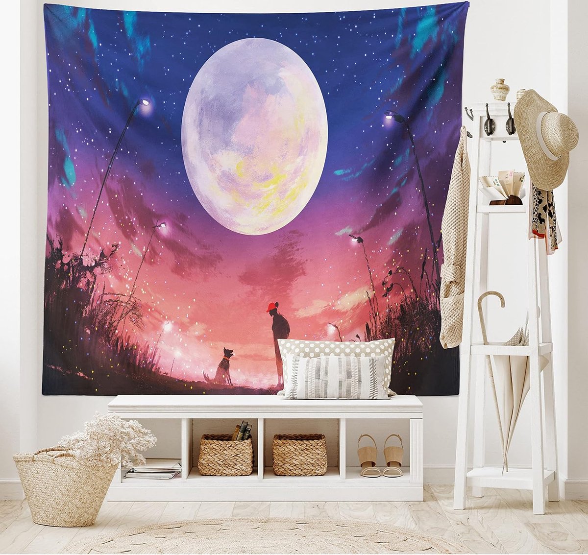 ABAKUHAUS Fantasietapijt, Hond onder de Grote Maan, Woonkamer Slaapkamer Wandhanddoek Zijdezacht Satijn Tapijt, 200 x 150 cm, Koraalrood
