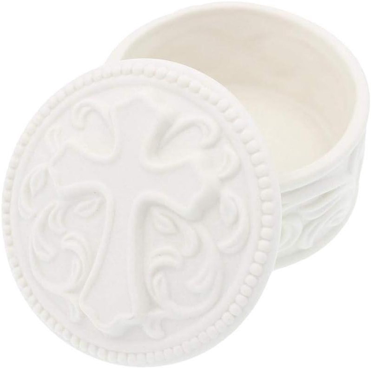 Rozenkrans Doos - Kruis Decoratie - Religieus Cadeau - Porselein Afwerking - 7 cm Diameter - Gebroken Wit