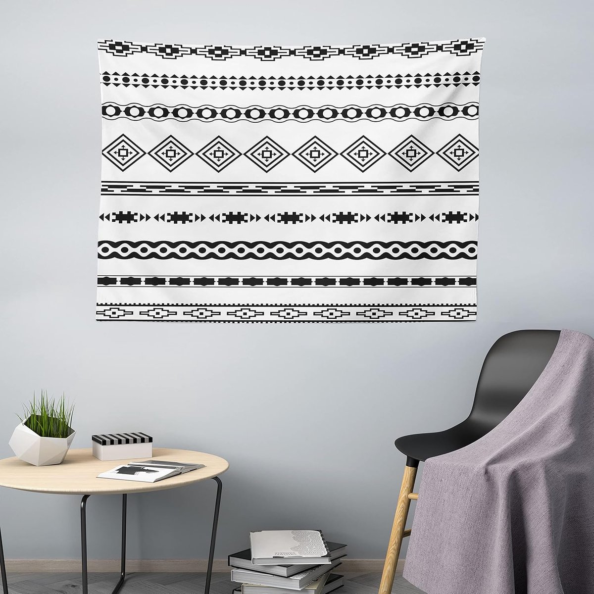 ABAKUHAUS Native American Wandtapijt, Abstract, Woonkamer Slaapkamer Wanddoek Zijdezacht Satijn Wandtapijt, 200 x 150 cm, Wit Zwart Wit-zwart