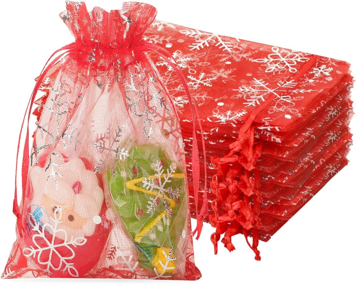 50 Stuks Rode Organza Zakjes 10 x 15 cm, Treksluiting, Perfect voor Kerstcadeaus en Feestjes