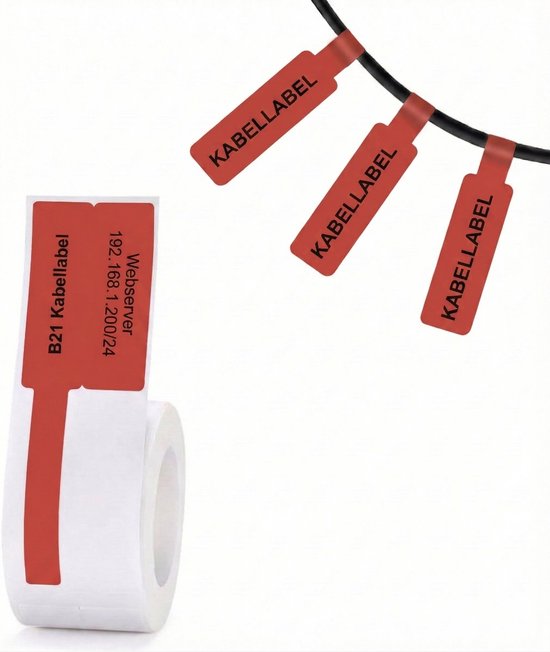 Rol rode kabellabels met de tekst 'B21 Kabellabel', 'Webserver', '192.168.1.200/24'. Losse labels hangen aan een kabel.