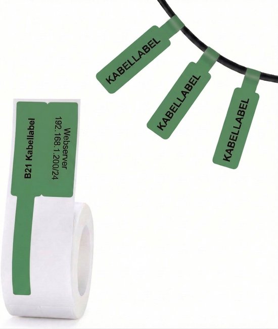 Groene kabel labels met tekst 'KABELLABEL' en één label met 'B21 Kabellabel' en 'Webserver 192.168.1.200/24'.