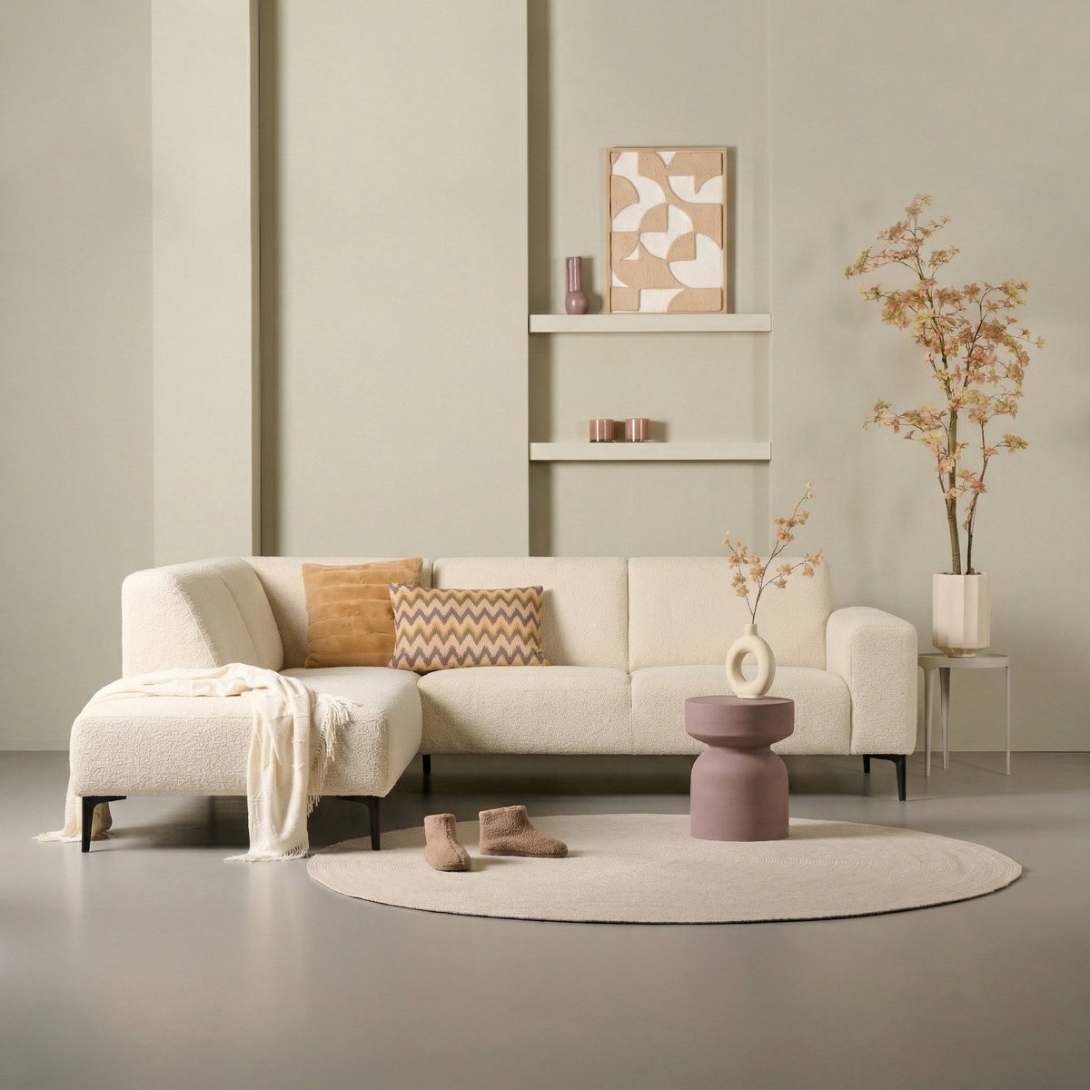 Hoekbank Harper - Divan Links - Textiel / Metaal - Beige / Zwart - 270x82x220 cm (BxHxD) - Zacht Zitcomfort