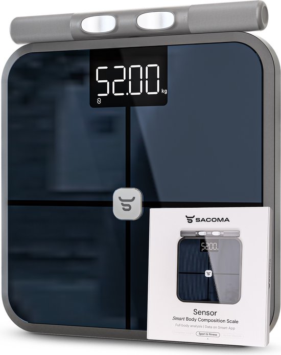 La balance connectée Sacoma Sensor Smart Body Composition Scale en gris foncé, avec écran numérique et poignée.