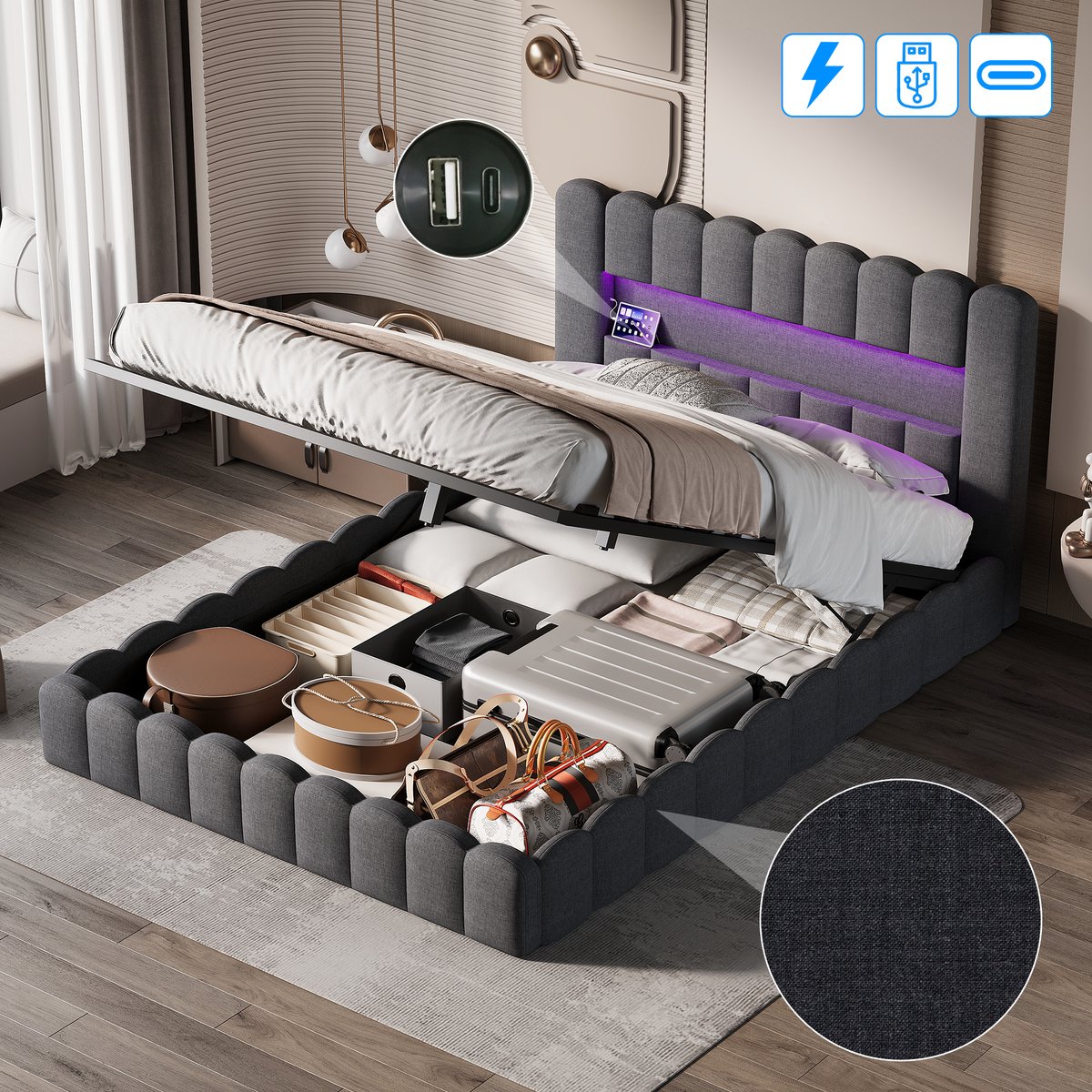 ROSAHQNDA Gestoffeerd bed 160x200cm met LED-verlichting, USB-poort en opbergruimte. Hydraulische stang, gewatteerd hoofdbord, grijze linnen stof, ingebouwd matrasontwerp, exclusief matras Grijs