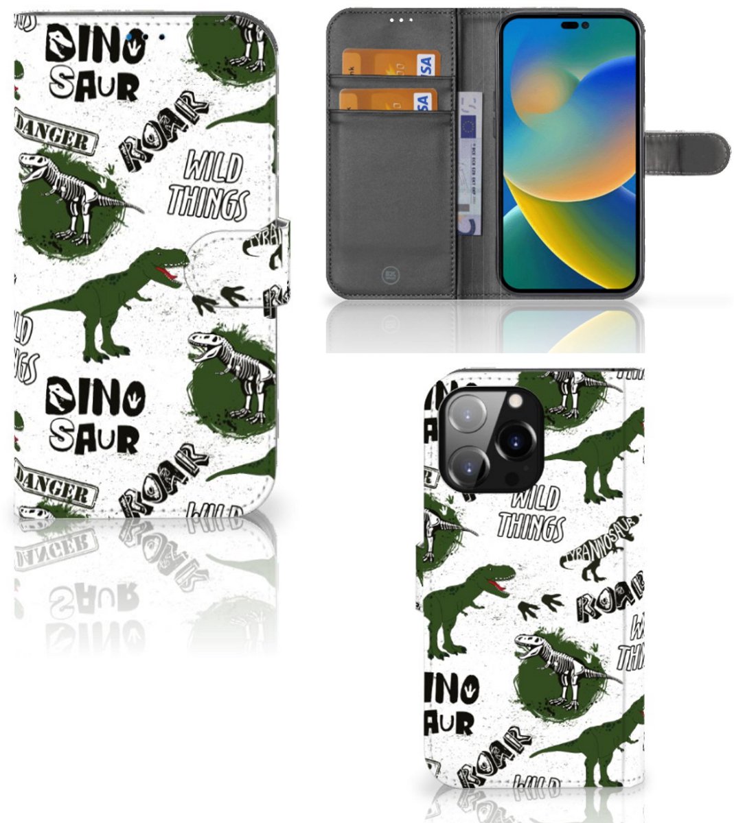 Telefoonhoesje met Pasjes voor iPhone 14 Pro Max Dinosaurus