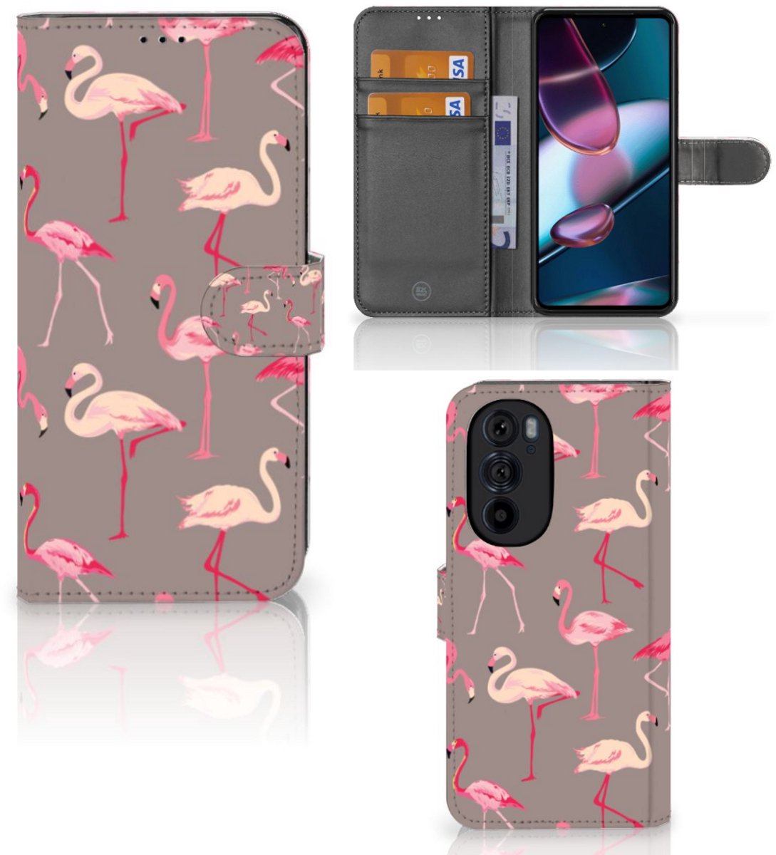 Motorola Edge 30 Pro Telefoonhoesje met Pasjes Flamingo