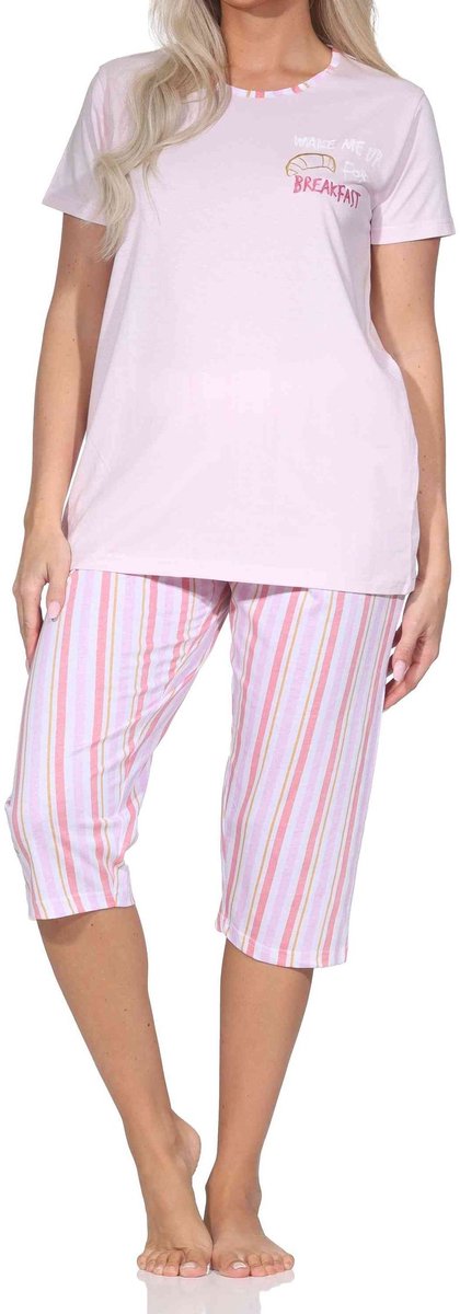 Normann pyjama met korte mouwen voor dames, inclusief capri pyjamabroek met streepmotief flieder