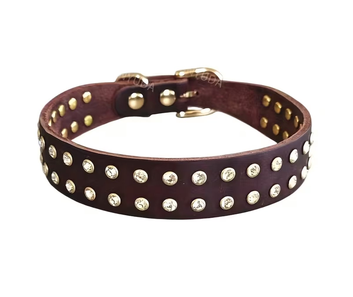 Luxe Hondenhalsband Kristal Steentjes | Bruin | Maat M | Roze Hondenhalsband met Stras steentjes | Strass Kristallen Hondenhalsband Roze | Petshop Seven