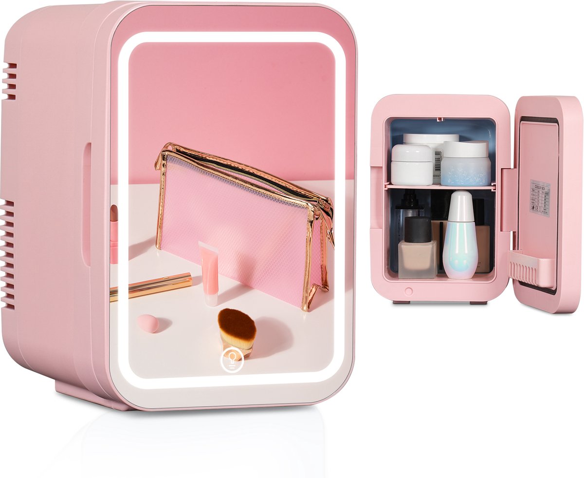 Puluomis Mini koelkast - 4L - Skincare Fridge - LED-verlichting - Make-up Koelkast - DC 12/24V & AC 220-240V - Koelen & Verwarmen - Rosa