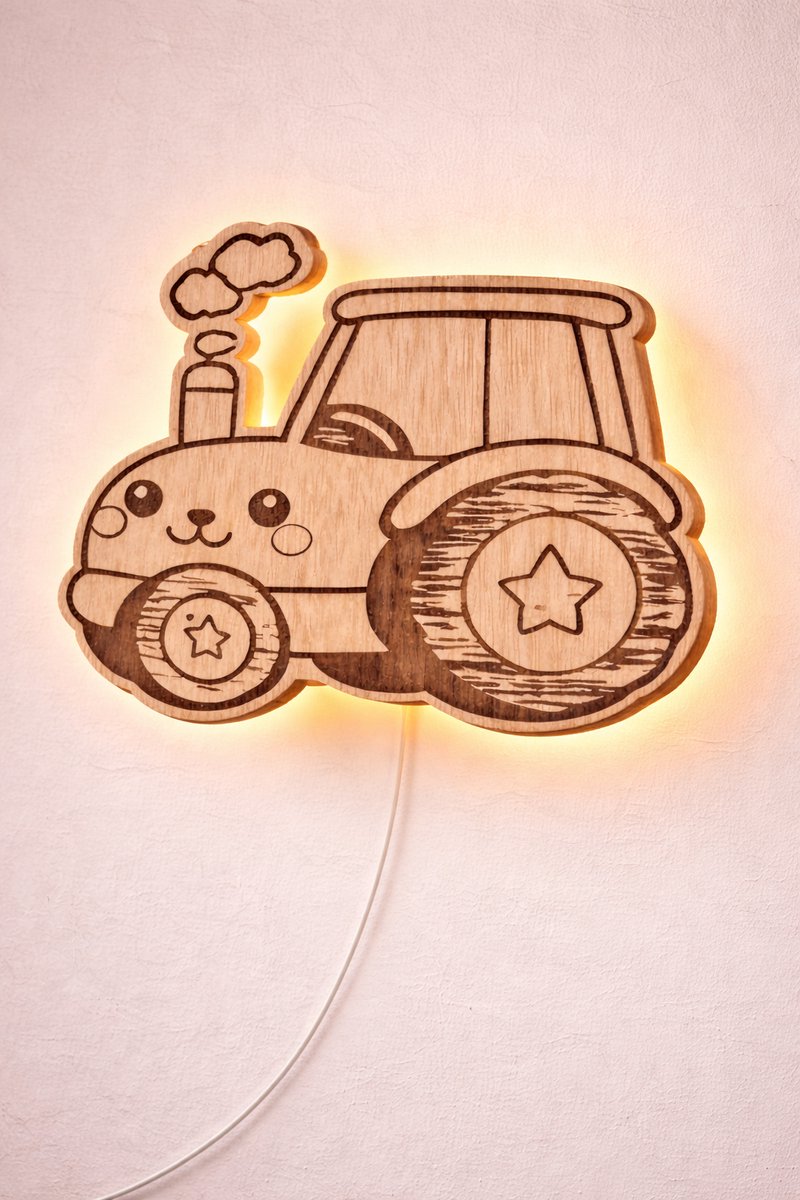 Tractor Nachtlamp Kinderkamer – Houten LED Wandlamp – Nachtlamp kind - Jongens kamer - Warm Sfeerlicht – Kinderlampje - Babykamer- Met Snoer & Schakelaar – E14 Fitting – Voor Binnen