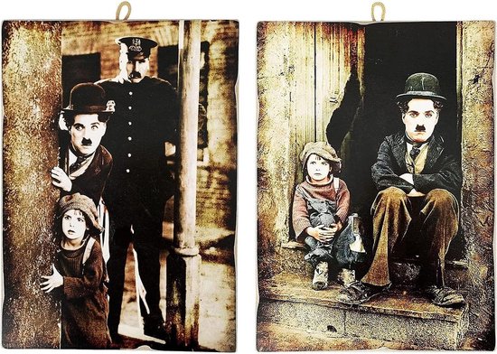 Muurdecoratie Charlie Chaplin - Vintage Poster Hout - Wand Decoratie - Handgemaakt in Italië - 18 x 25 cm - Multicolor