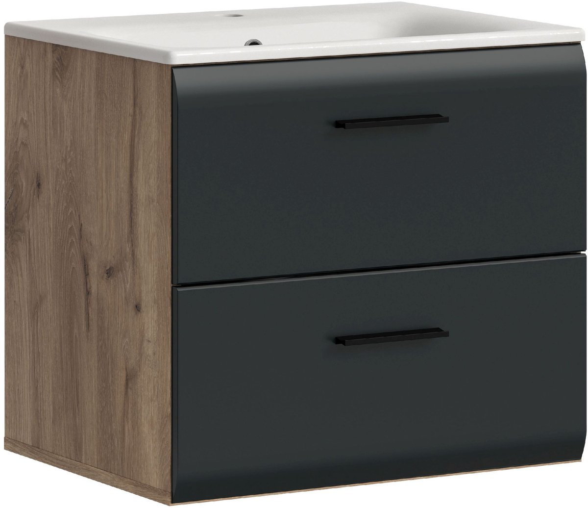 Badmeubel Ice Xonox Met Keramische Wastafel - 60x55x46 Cm - Mat Zwart & Nox Oak - Xonox - Badkamer Enkele Wastafelmeubel - Bruin; Zwart - Spaanplaat