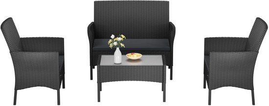 Tuinloungeset 4-Delige – Polyrattan Loungeset met Kussens en Glazen Tafel – Tuinmeubelset voor 4 Personen – Weerbestendig Balkon – en Terras Set van PVC Wicker met Stalen Frame – Zwart
