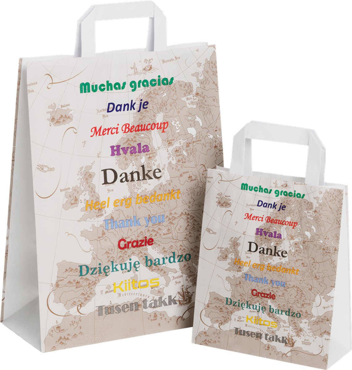 50 x Draagtassen " Thank you" / "Dank je " Van Gekleurd Kraftpapier Met Platte Oren 26x12x35cm / Kraft Papieren Tasjes Met Handvat/ Cadeautasjes met vlak handgrepen / Zakjes bedankt/