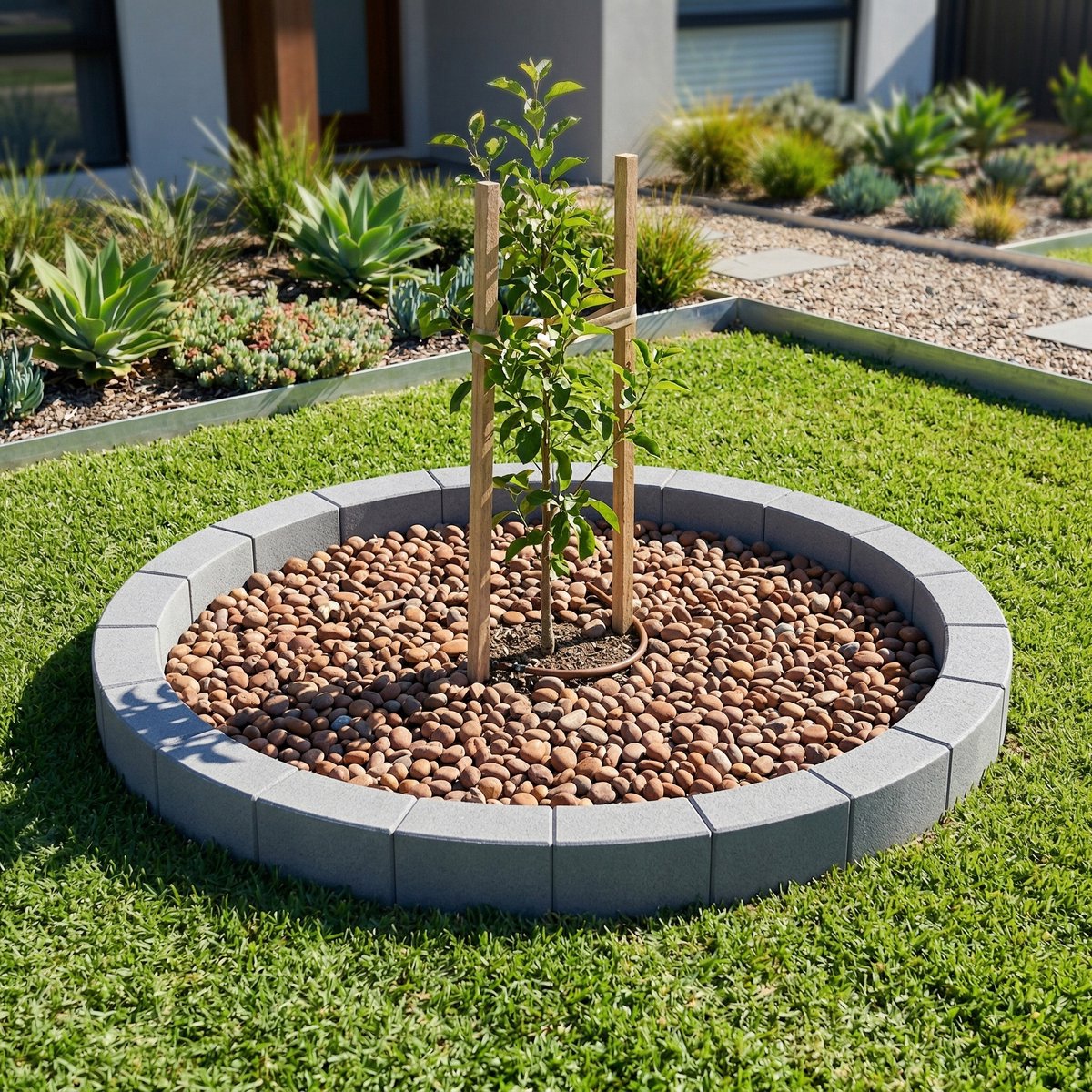 ACXIN Boomring - Grasrand met Onkruiddoek & Aarde Palen - Weerbestendige Wortelbescherming voor Bomen en Struiken - Maaikante voor Tuin & Mähroboter - Grijs Ø 60 cm