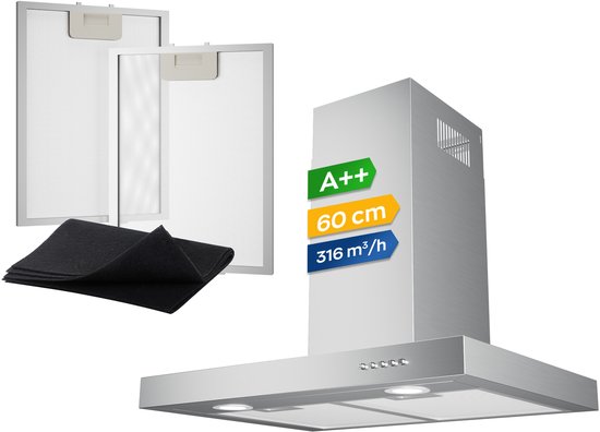RVS afzuigkap met koolstoffilters en vetfilters. Energieklasse A++, 60cm, 316 m³/h.