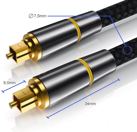 Afmetingen van een zwarte optische kabel met gouden Toslink connectoren.