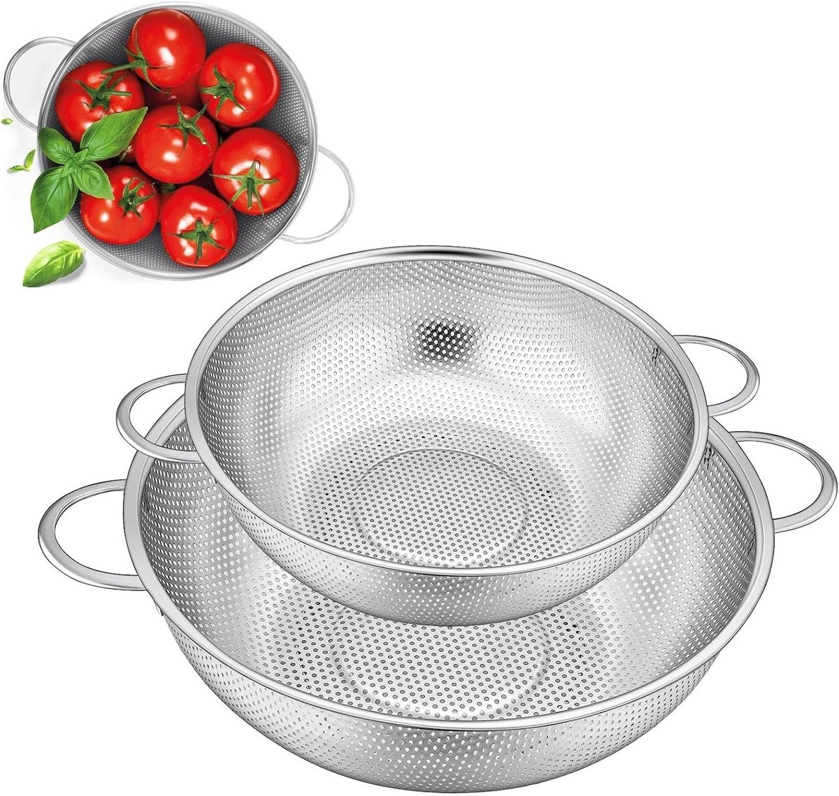 Roestvrijstalen Passer met Handvatten, Ideaal voor Het Afgieten van Pasta, Fruit en Groenten, Vaatwasserbestendig, Set van 2, Diameter 22 cm en 19 cm