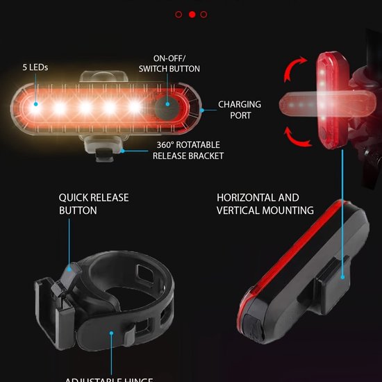 USB oplaadbare LED-fietsverlichtingsset: LED-koplampen voor en achter van aluminium, powerbank en telefoonhouder — afbeelding 2