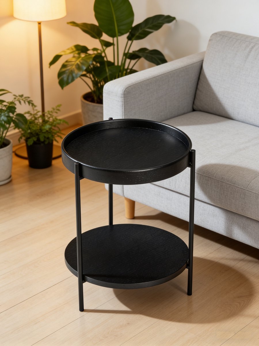 NJLYUHOME Home - Ronde 2-laags bijzettafel met metalen frame - Ø44 x 48 cm - MDF met essen fineer - Scandinavisch design