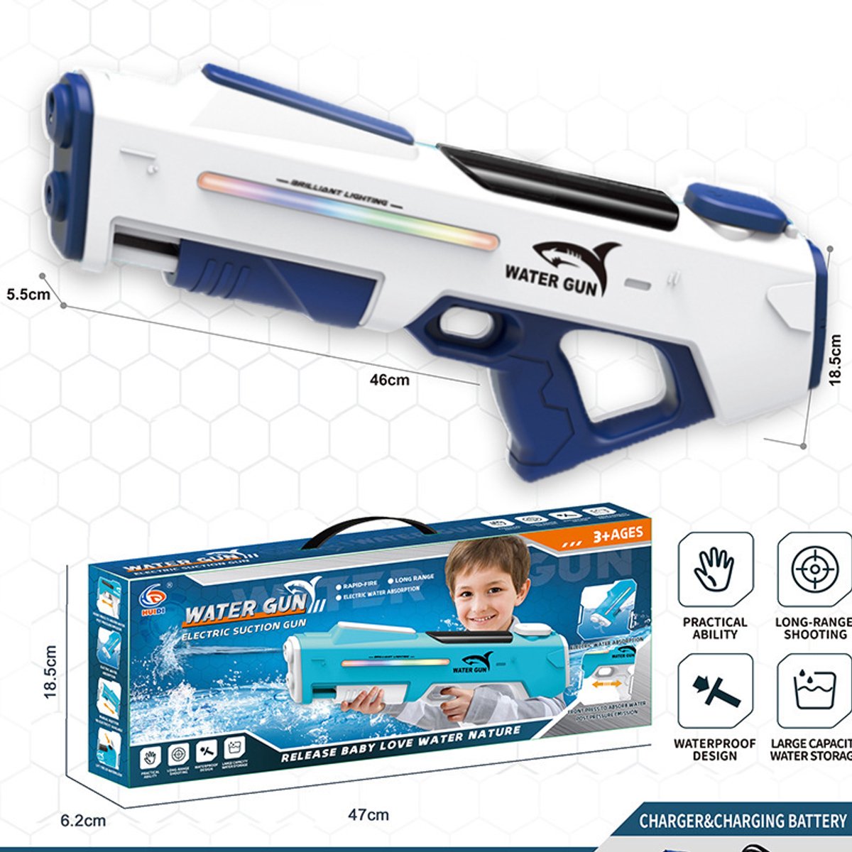 Elektrisch Waterpistool 46cm XL - 7m Bereik - 350ml - Water Pistool met Licht - Automatisch Watergeweer - Super Soaker - Waterspeelgoed - Elektrisch speelgoed - Buitenspeelgoed voor Kinderen & Volwassenen - Inclusief batterij - USB Oplaadbaar - Wit — afbeelding 2