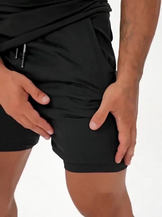 Short de Fitness double épaisseur pour homme - avec short intérieur - Séchage rapide et respirant - Avec poche pour téléphone, poches zippées et passant pour serviette - Extensibilité améliorée - Zwart - Taille 3XL