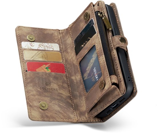 Bruin portemonnee hoesje met ritssluiting, kaartsleuven en SOLIDENZ logo.