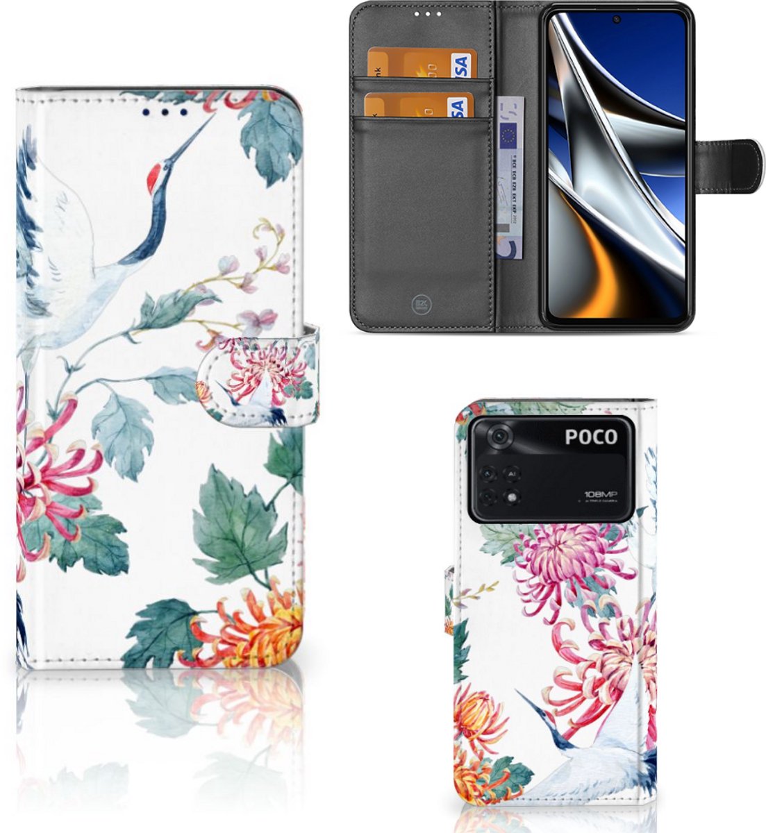 Book Case voor Xiaomi Poco X4 Pro 5G Telefoonhoesje met Pasjes Bird Flowers
