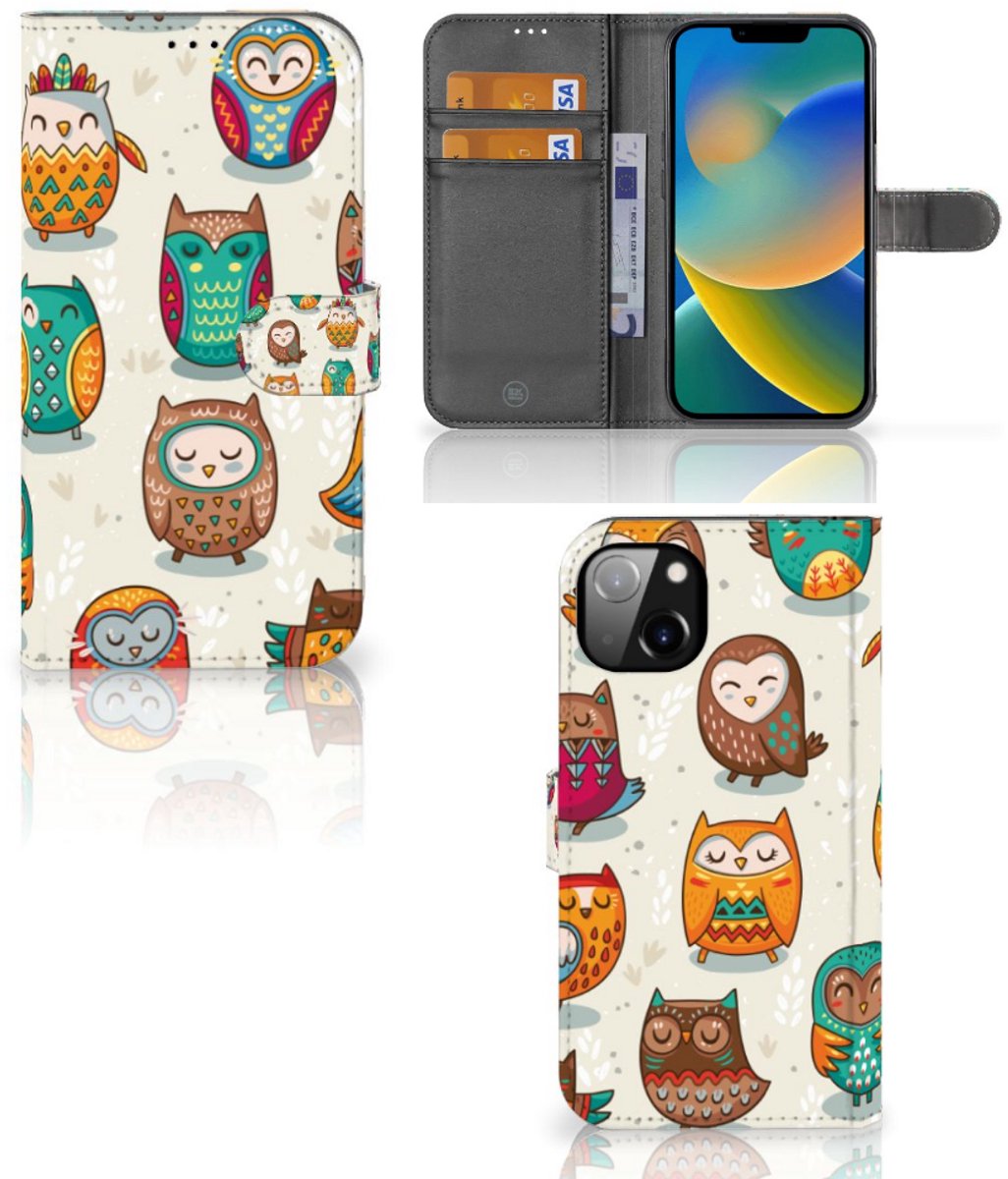 iPhone 14 Plus Telefoonhoesje met Pasjes Vrolijke Uilen