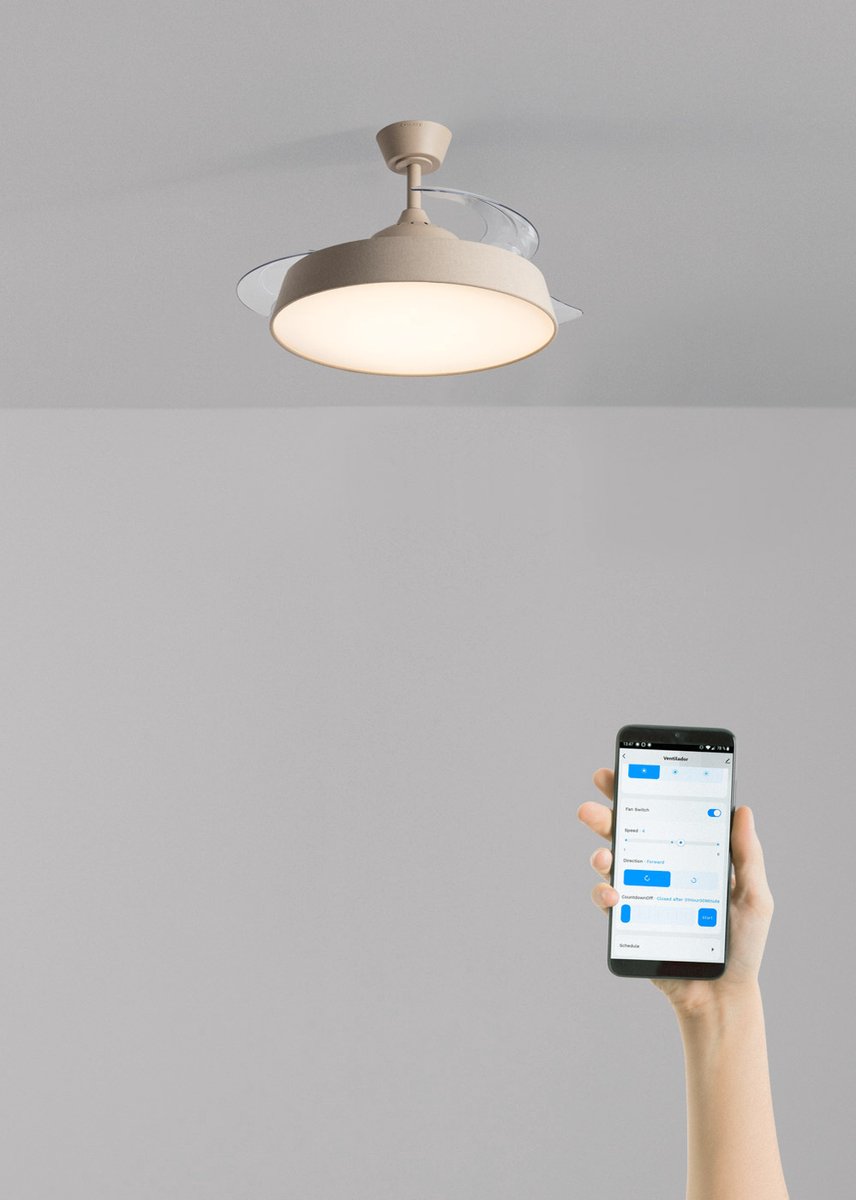 CREATE - Stille plafondventilator 40W (Ø107 cm) met intrekbare bladen en LED-licht - Met WiFi + Afstandsbediening - 6 snelheden - Programmeerbaar - WIND CLEAR CONTOUR