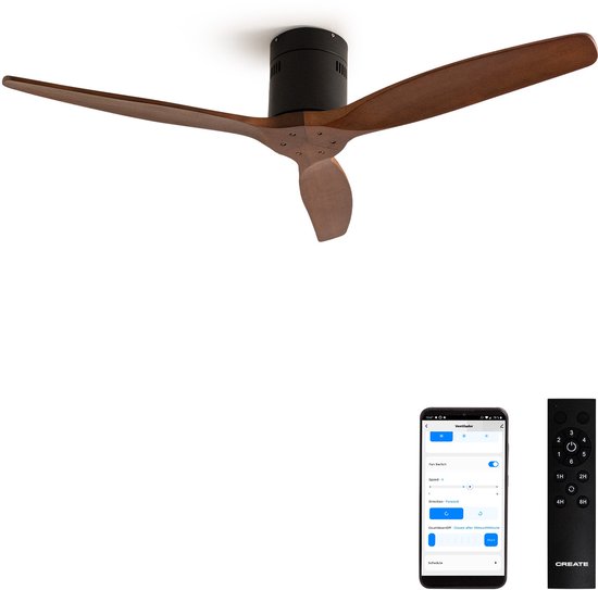 Plafondventilator 40W silent 6 snelheden wifi bediening natuurlijk hout binnen zonder licht timer 2 jaar garantie