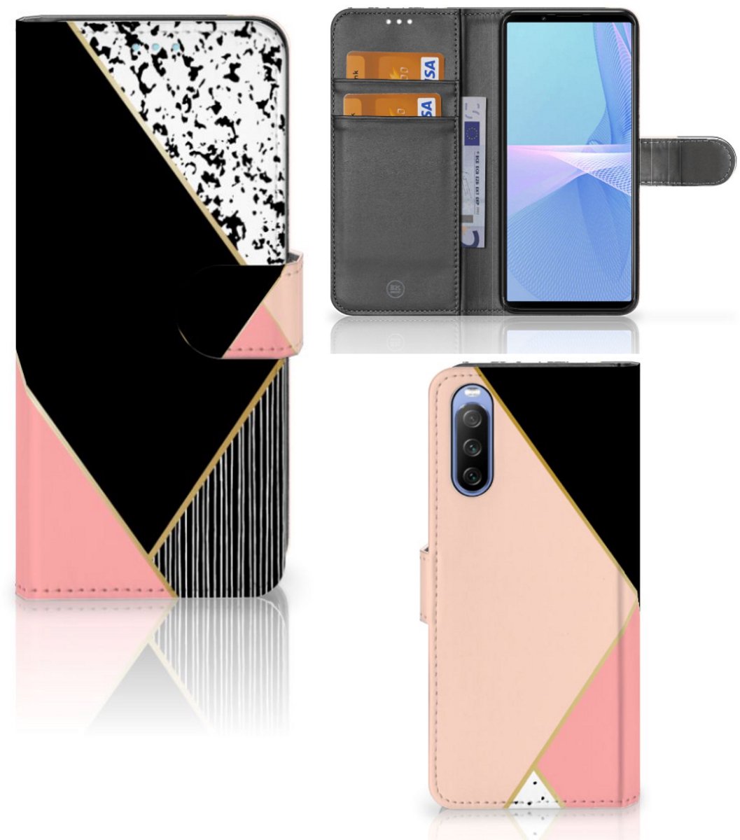 Sony Xperia 10 III Book Case Zwart Roze Vormen