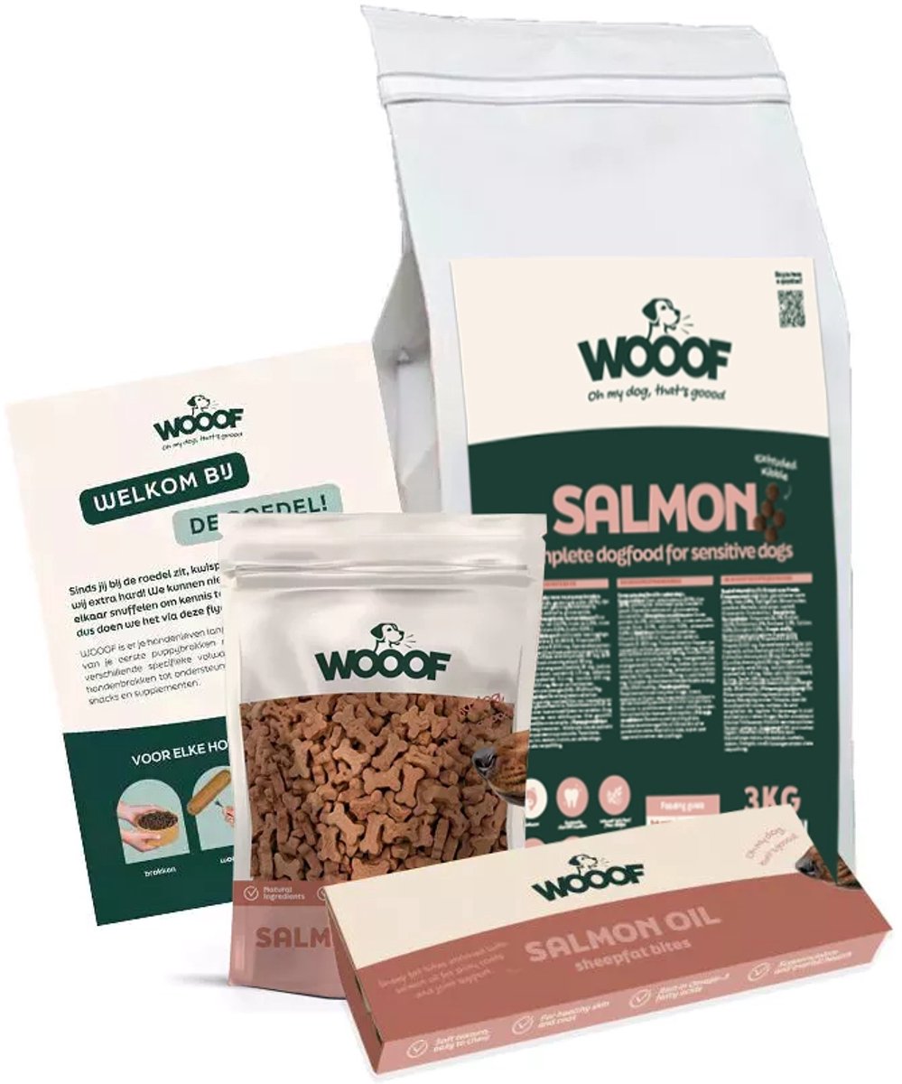 Wooof WOOOF Zalm Krokant Hondenvoer Probeerpakket - Hondenbrokken Droogvoer - 3kg
