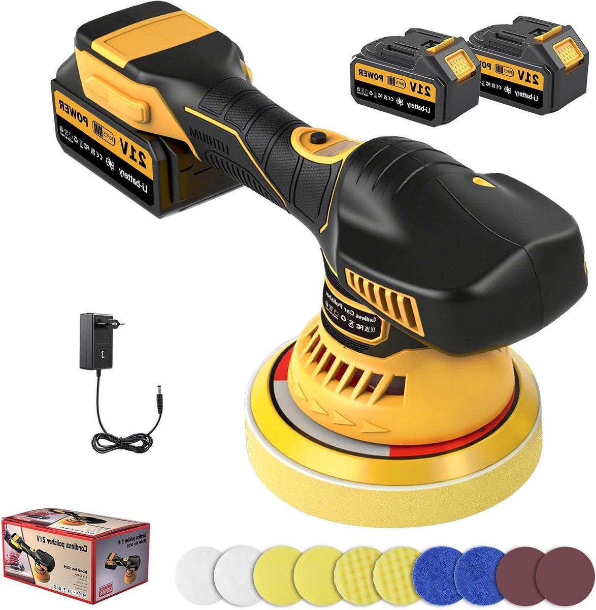 Viugreum Polijstmachine auto accu, 21 V 2 x 3000 mAh batterij, 6 variabele - polijstmachine auto 6000 tpm, autopolijstset met polijstpad, polijstspons, polijstvel voor autovoorbereiding