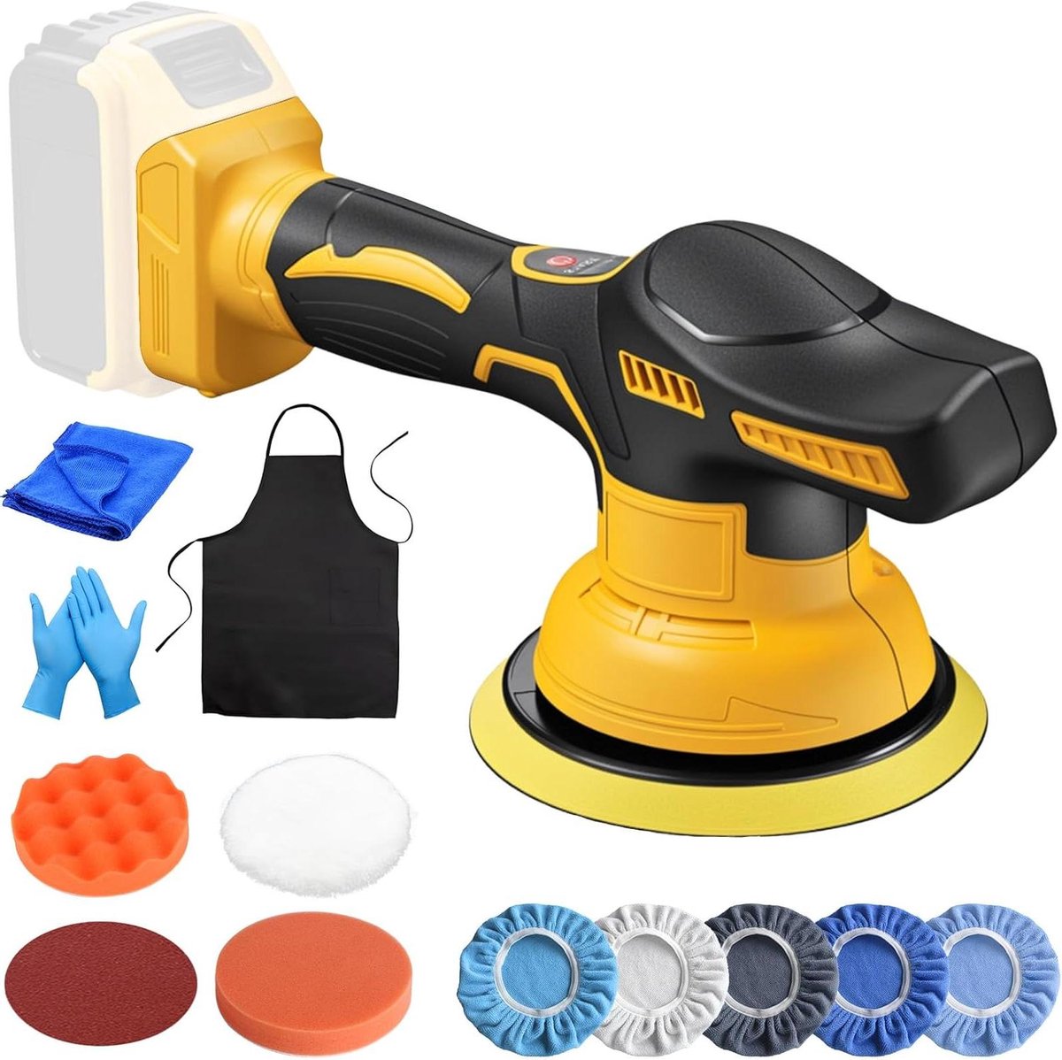 Accu polijstmachine voor auto Compatibel met Dewalt 20V – 150 mm autopolijstmachine met 8 variabele snelheden (0-4500 RPM), set van 12 polijstpads voor auto detaileren/polijsten/waxen (zonder accu)
