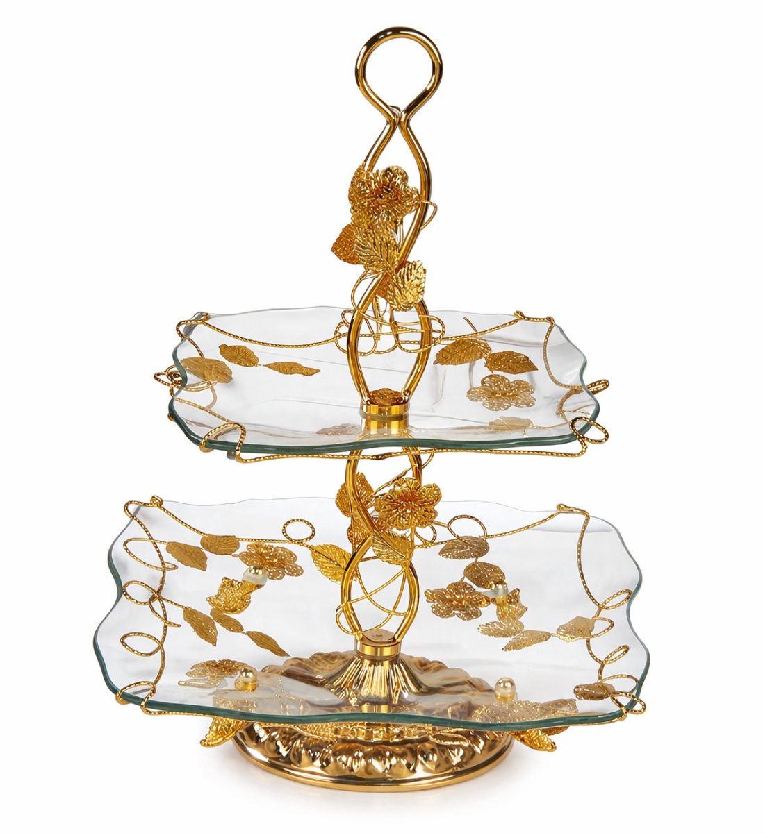 Luxe 2-Laags Etagère Goud met Glas – High Tea Serveerschaal – Taartplateau – Dessert Standaard – Decoratieve Serveertoren – Cupcake Standaard – Hapjes Plateau – Keuken Decoratie – Feest Serveerset – Vintage Design – Cadeau Idee – Home Decor – Luxe